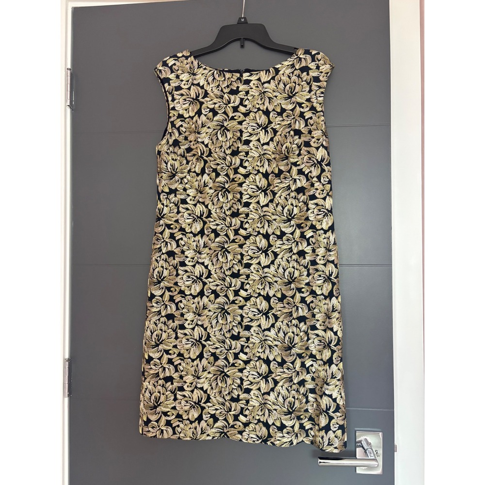 Lauren Ralph Lauren Gold Metallic Floral Embroidered Navy‎ Shift Dress Size 10
